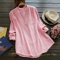 Ljetne košulje za žene Ženska puna boja pamučna posteljina dugih rukava s labavom majicom ženske morske