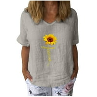 Ženski suncokret s kratkim rukavima, tiskani V-izrez TOCK Majica Labava casual bluza bijela XL
