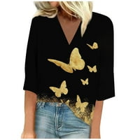 Hanas Butterfly Print Top za žene V-izrez rukava elegantna zabava Kupovina Ležerne prilike za labavu bluzu na kožu žuta, m