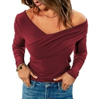 Ženska moda Jesen zima Solid Boja dugi rukav džepni pulover V-izrez van ramena dugih rukava vruće6sl44867273
