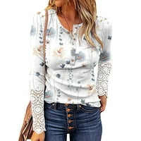 MLQIDK FALL vrhovi za žene Henley košulje s dugim rukavima s rebrastom rebrastim gumbom dolje pletene bluze čipke rukavi džemper ugrađeni bijeli l