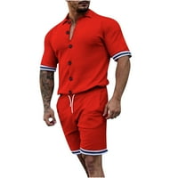Muškarci Cardigan odijelo Veliki i visoki čvrsti patchwork kratki rukav s kratkim rukavima i majica i nacrtajući elastični struk kratke hlače Ležerne modne sport dvije setove crvene l