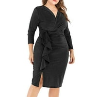Plus size Ženska haljina čipka dugih rukava V-izrez Tunika Tunic Party Tigh večernje haljine crne 2xL