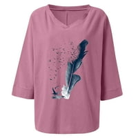Pyju ženske ruhove pamučne majice, V izrez draped tunika pero ispis casual bluza vrhovi labavi dugim