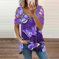 Ženski ljetni bluze V-izrez cvjetni kratki rukav pola zip vrhova ljubičasta s