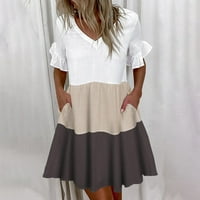 Clearsance Ljetne haljine za žene kratki rukav A-line mini modne čvrste V-izrez smeđu 5xl