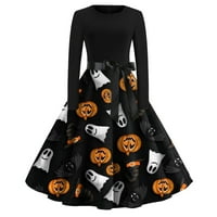 Cuoff Gothic Crne haljine za žene Goth Halloween Print Flare za zabavu s dugim rukavima Casure Sive