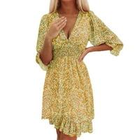 Knqrhpse Ženske haljine Ljetne haljine dame casual elegantno retro v izrez elastični struk cvjetni tisak ljeto kratki rukav mini haljina posteljina žuta haljina xl