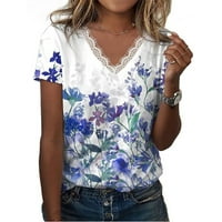 Žene ljetne vrhove Casual Loress V izrez kratki rukav cvijet, čipke T-majice Tee bluze za žene cyan