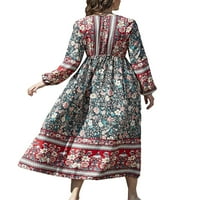 Eyicmarn ženske duge haljine, vintage cvijet s dugim rukavima s V-izrezom Ispis labave padajuće haljine za ležerni odmor