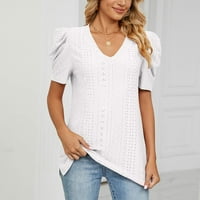 Bazyrey ženska bluza Ženska povremena majica s kratkim rukavima s V-izrezom, ruffle rukav labavi top bijeli s