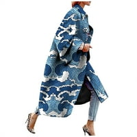 Ženska casual jakna - modna tiskana džepna jakna Outerwer Cardigan Overcoat dugački kaput plave s