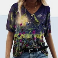 Bluze za žene Fit Summer Casual V izrez Majica kratkih rukava Vintage Print Top Dame Top Purple L l