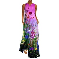 Casual Maxi haljine za žene Ljeto bez rukava cvjetno tiskane ploče duljine duljine s džepovima