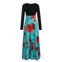 Crewneck Maxi haljine za žene, žene ljeto s dugim rukavima cvjetno tiskane haljine za patchwork o o-vrat