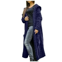 Ženska zimska čvrsta čvrsta pletena kapuljača dugi kardigan džep džepni kaput kardigan za žene plavo