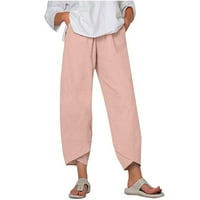 Ženske ljetne struke čvrste pamučne pantalone casual labave duge ravne gležnjače za plažu ružičaste