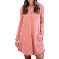 Ženska haljina dugih rukava Ležerna haljina haljina V-izrez za šivanje džepne haljina ružičasta xl