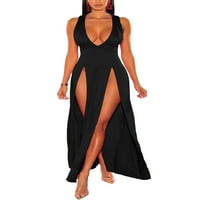 Cindysus dame duge haljine visoke prorezne maxi haljine duboki V izrez Ljeto plaža Sunderss Club Soft Black XL