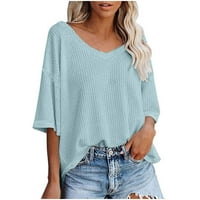 Ljetne košulje za žene V-izrez majica pletene džemper bluze labavo uklapaju odjeću za djevojčice pune boje tiska za tine s kratkim rukavima, svijetlo plava xxl ušteda
