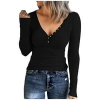 Ženski vrhovi V-izrez Ženska bluza Ležerne prilike, pune boje ljetne majice s dugim rukavima crna L