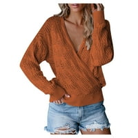 Kopneni pleteni džemper sa čvrstim dubokim V izrezom Trendy Stretch pulover Jumper Womens Tops opruga