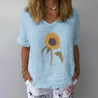 Bazyrey ženska bluza Žene V-izrez suncokret kratkog rukava i posteljina pulover majica na vrhu svijetloplava