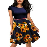 Nizieer za žene izrez za vrat kratke mini haljine cvjetni ispis majica haljina jednostavna rukava plava