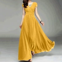SNGXGN ženska ležerna ljetna majica haljina s kratkim rukavima s rukom s džepovimaPplaida haljina žuta