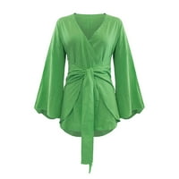 Ženska moderna temperamenta labavi ugradnju dugih rukava V izrez za vezanje Žene Ležerne haljine zeleni