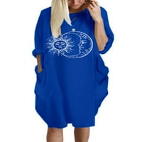 Žene midi haljina dugih rukava za jesen majica haljina Crewneck Sun Moon Ispirana noćnaizja sa džepom Royal Blue 2xl