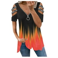 Žene Ljetne majice kratki rukav V izrez Tunika sa patentnim zatvaračem hladnim ramenima narančasta m