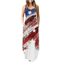 Aueoeo American Flag Maxi haljina za žene 4. srpnja haljina O-izrez bez rukava s rukavima Duga ljetna