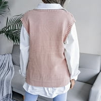 Pxiakgy zimski kaputi za žene jesen i zimska fazija čvrsta boja uzorak V-izrez pleteni džemper prsluk