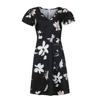 SKPBlutn Ljetne haljine V-izrez cvijet Ispis kratkog rukava sa zatvaračem Pulover modne casual haljine za žene crne s