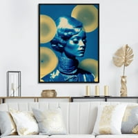 Art DesimanArt Avant Garde Model u zlatu i retro plavoj XII Modna žena uokvirena platna ispisa unutra. Široko u. Visoko - crno