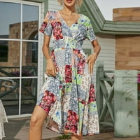 Leesechin Womens Ljetne haljine čišćenje Žene Ljeto Ležerne prilike s kratkim rukavima V-izrez cvjetne