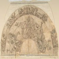 Polukrug dizajn bitke kod morskih bogova sa granicom morskih stvorenja Print anonimnog, talijanskog, kasnog 16. stoljeća