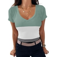 Ženski kratki rukav Omber Boja boja trendi labavi fit ljetna rebrasta pletena majica v izrez mekani