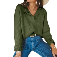 Hinvhai dame moda casual solid boja rever V-izrez Pleteni džemper sa dugim rukavima na sezonskoj vojnoj