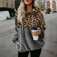 Hoodie za žene Leopard Print Plišani duks sa džepovima Kapuljača za crtanje siva 5xl