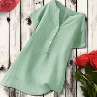 Yyeselk ljetne ženske pamučne posteljine labave fit casual kratkih rukava tipke gore na V-izrez Tunic vrhovi trendi čiste boje lagane bluze zelene xxxl