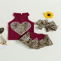 SUNISERY BABY Girls Ljeto odijelo Leopard Print Heart Rib Knit tenkovi Torbe Ruffles Hratke za glavnu