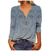 Ženski vrhovi bluza modni rukav grafički otisci Žene majice Henley Ljetna tunika Tee Blue 3xl