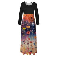 FSQJGQ ženske haljine s dugim rukavima modni cvjetni ispisani patchwork a linija maxi haljina plus veličina