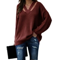 Yskkt ženski džemperi V-izrez udubljeni dugi rukav ležerni džemper pulover