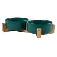 CeramicDogbowlset-catdogbowlswithnonslipwoodstand-nospilldoublepetdishforHoodwaterFeeding, zelena, F41295