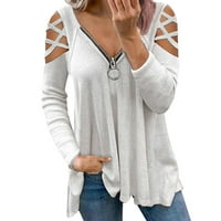 Ženska moda V ovratnik na vratu Zipper Boja dugih rukava Ležerna bluza FINS bijeli XL