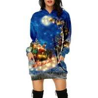 Prodaja Ženska božićna dukserica Dress Graphic Print okrugli vrat dugih rukava s kapuljačom dugih rukava s džepom teen gril modna odjeća plava s