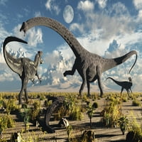 Smrtonosno sukob između divovskog diplodokusa dinosaura i par mesoždera alosaurus dinosaurusa print